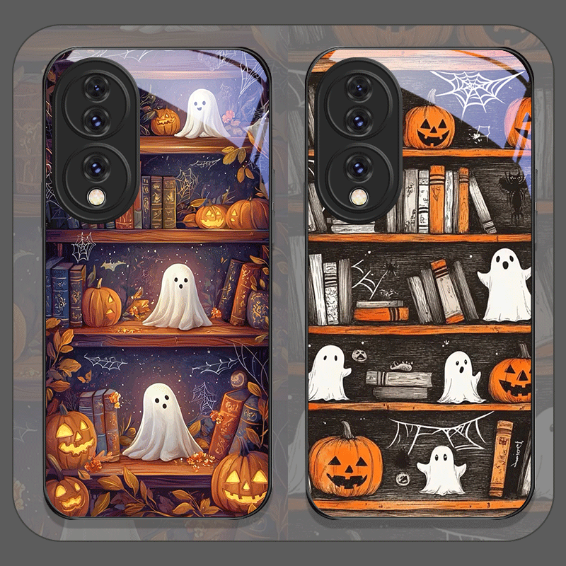 Phone Cases Honor - ฮาโลวีนฟักทองผีชั้นวางหนังสือกระจกนิรภัยสำหรับโทรศัพท์หัวเว่ยเกียรติ 200 Lite 300 100 Pro