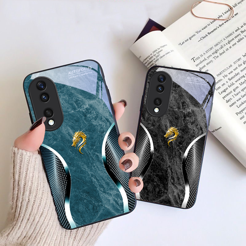 Phone Cases Honor - เคสโทรศัพท์กระจกสีดำ รุ่น Silver Golden Dragon สำหรับ