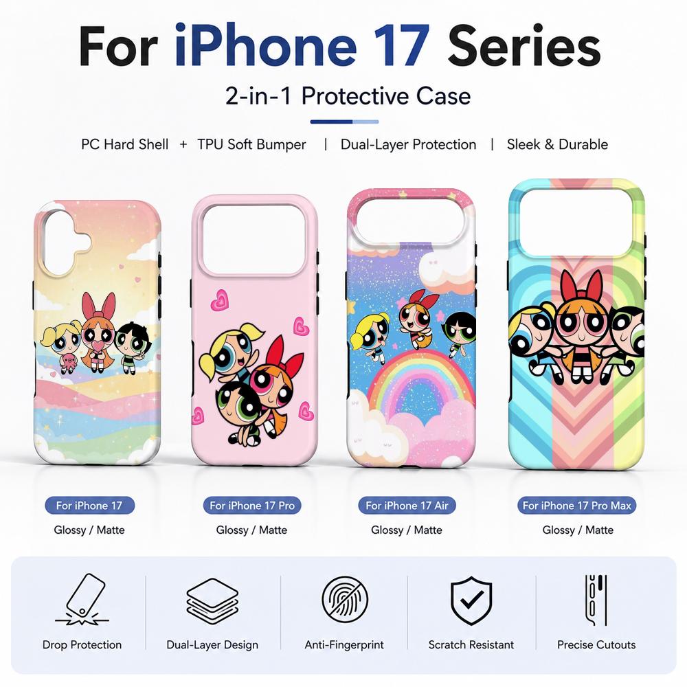 Phone Cases Girly - เคสโทรศัพท์ลายอนิเมะ P-Powerpuff Girls วัสดุฟิล์ม 2-in-1 สำหรับ