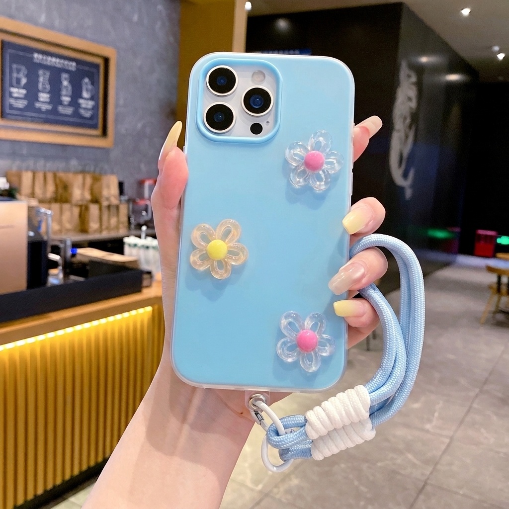Phone Cases Diy - เคสโทรศัพท์แบบสายคล้องคอ 3 มิติ ลายดอกไม้ สีฟ้า 2